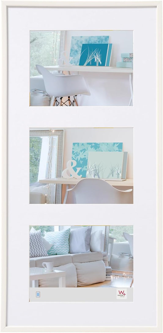 Collage of a modern living room with white furniture and decor.