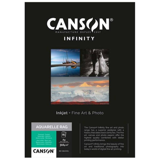 Canson Infinity Aquarelle Rag 310gsm Photo Paper - 100% Cotton A3 - 25 Sheets Image 1