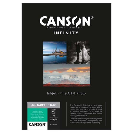Canson Infinity Aquarelle Rag 240gsm Photo Paper - 100% Cotton A3 - 25 Sheets Image 1