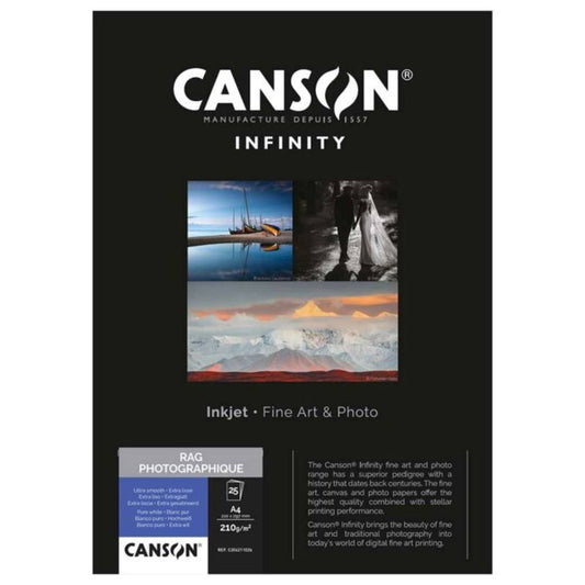 Canson Infinity Rag Photographique 210gsm Photo Paper - Acid Free - 100% Cotton A4 - 25 Sheets Image 1