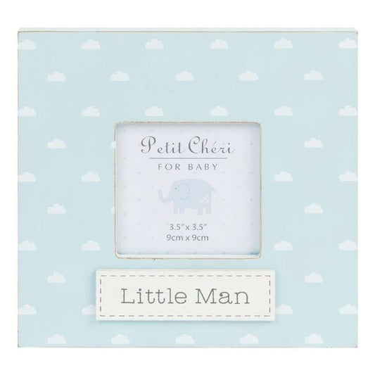 A square photo frame with a blue background featuring white clouds and the text 'Little Man' along with a small elephant graphic, indicating it is a frame for a baby or toddler-themed photos.