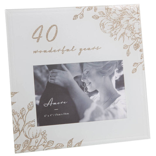 Amore 40th Anniversary Glass 6x4 Photo Frame - '40 Wonderful Years' - Gold Glitter Floral Image 1