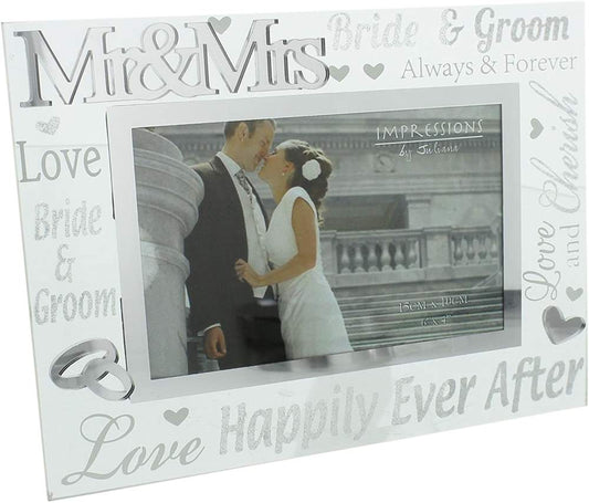 Mr and Mrs Wedding 6x4 Inch Photo Frame 3D Silver and Glass Finish Image 1