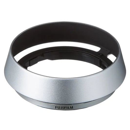 Silver lens hood with black interior on a white background, featuring the Fujifilm logo.