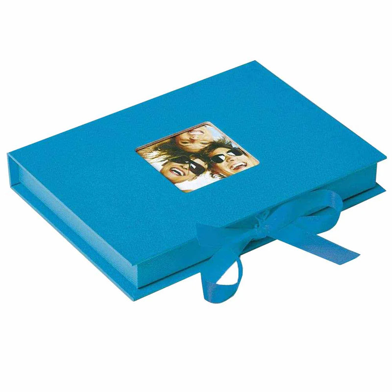 Blue photo album with a ribbon on a white background