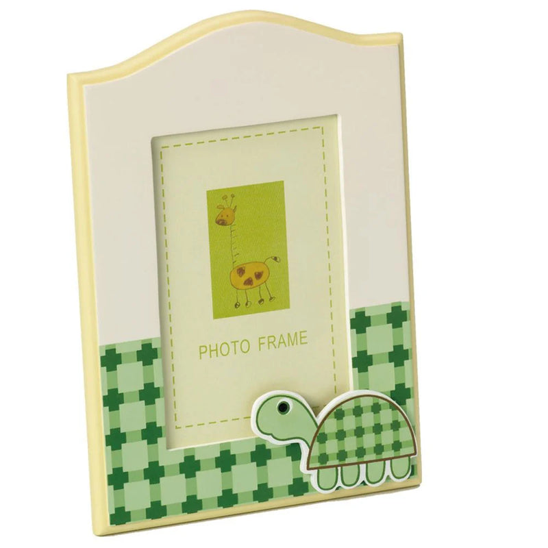 Children's photo frame with green turtle design on a white background
