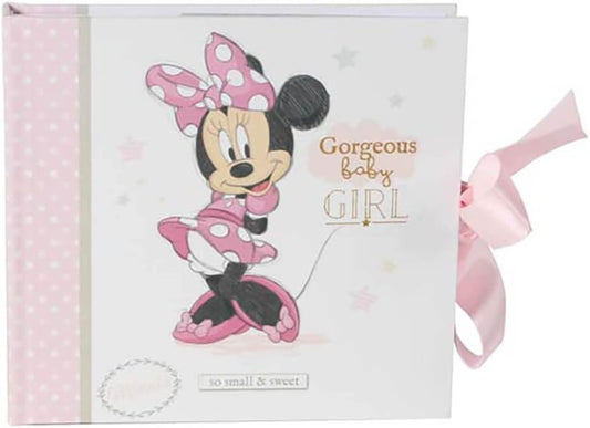 Photo Album in a Minnie Mouse design and text 'Gorgeous baby girl', featuring a pink ribbon.