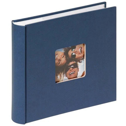 Blue photo album with a windowed cover on a white background