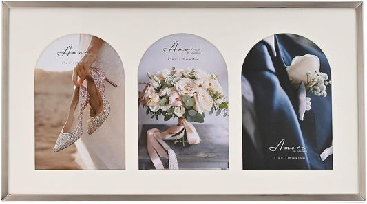 A three-photo arched triptych picture frame with a light beige mat and a silver-toned frame, displaying wedding-themed photos of a bride's shoes, a floral bouquet, and a groom's lapel.