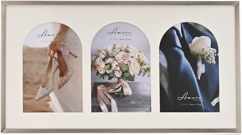 A three-photo arched triptych picture frame with a light beige mat and a silver-toned frame, displaying wedding-themed photos of a bride's shoes, a floral bouquet, and a groom's lapel.