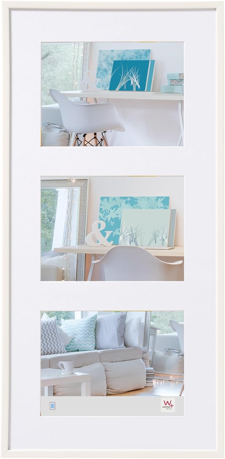 Collage of a modern living room with white furniture and decor.