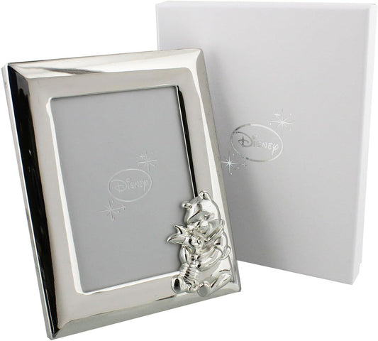 Silver photo frame with a bear design on a white background