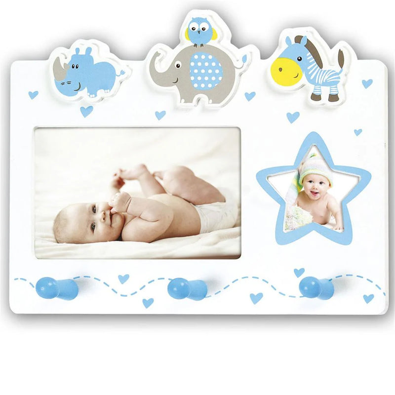 Children's photo frame with animal designs on a white background