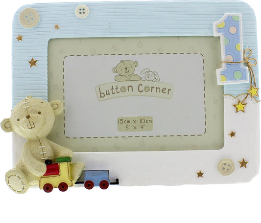 Children's photo frame with teddy bear and decorative elements, featuring 'button Corner' branding.
