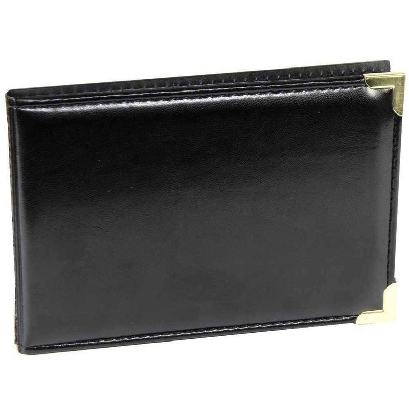 Black leather album with a gold corners on a white background