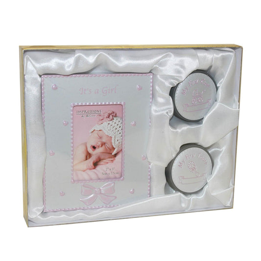 It's A Girl Photo Frame (2 x 3") & My First Tooth and Curl Frame Christening Gift Image 1