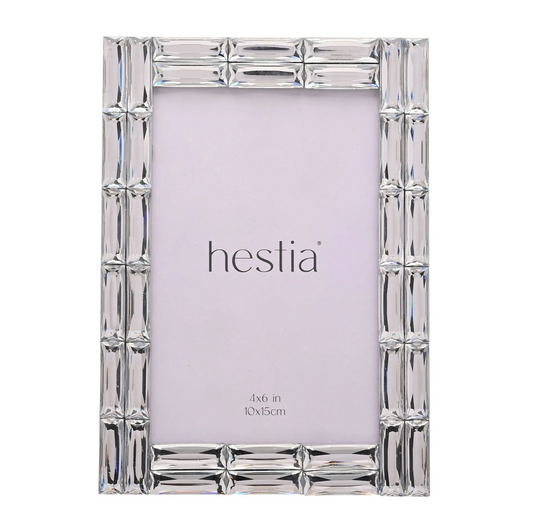 Silver photo frame with 'hestia' branding on a white background