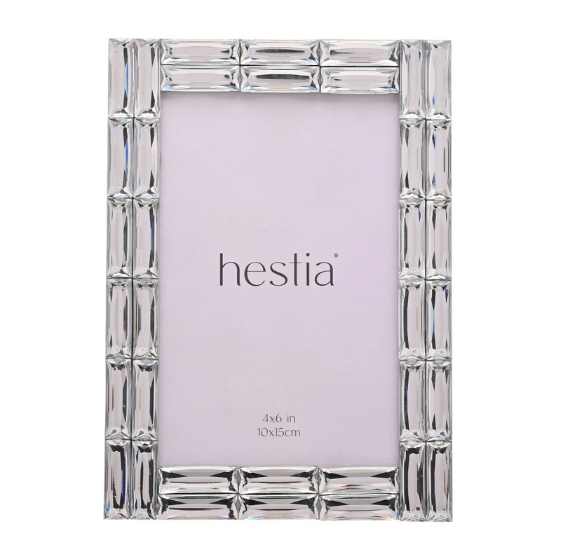 Silver photo frame with 'hestia' branding on a white background