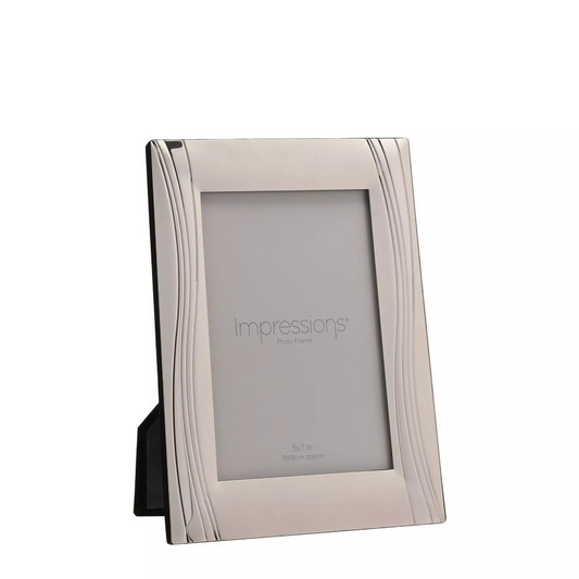 Silver photo frame with 'impressions' branding on a white background