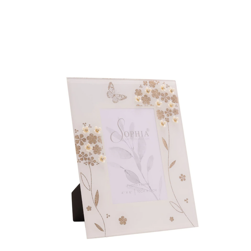 Decorative photo frame with floral design and 'Sophia' branding on a white background
