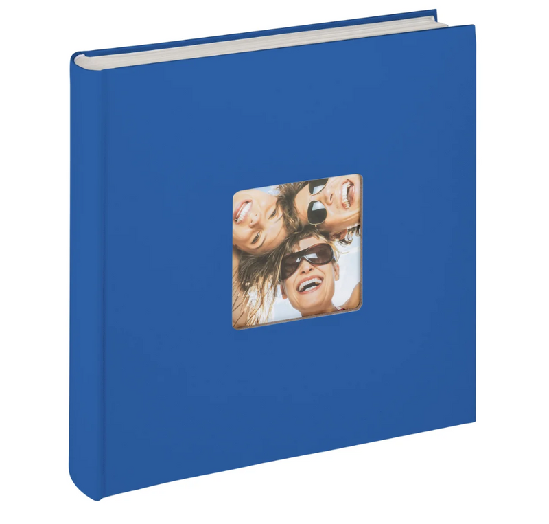 Blue photo album with a windowed cover showing photos of people.