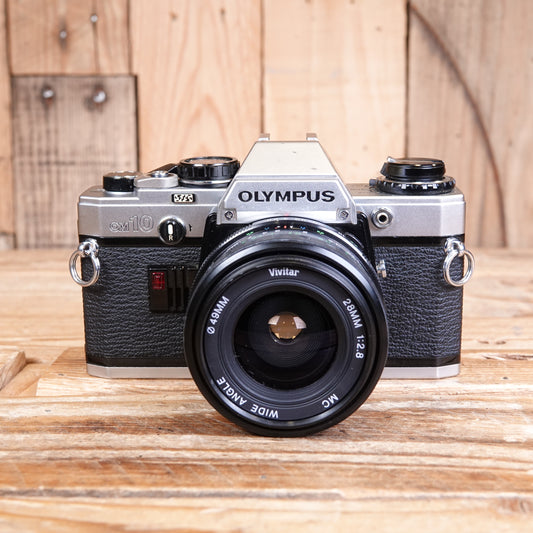 Used Olympus OM-10 Silver 35mm Film Camera with Vivitar 28mm Lens