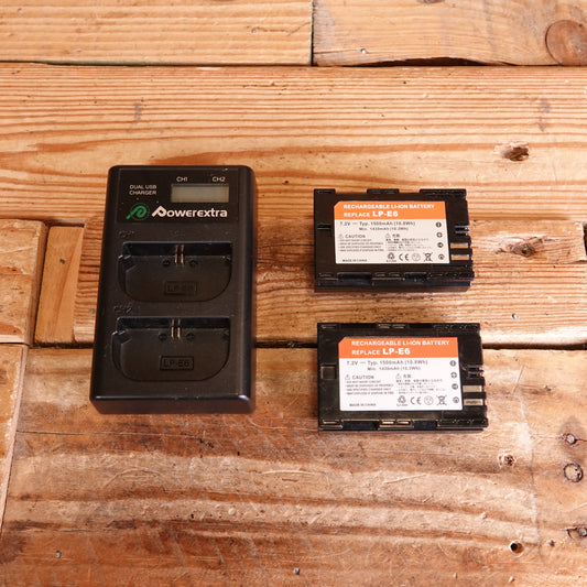 Used Powerextra Battery Charger for LP-E6 with 2x 3rd Party Batteries