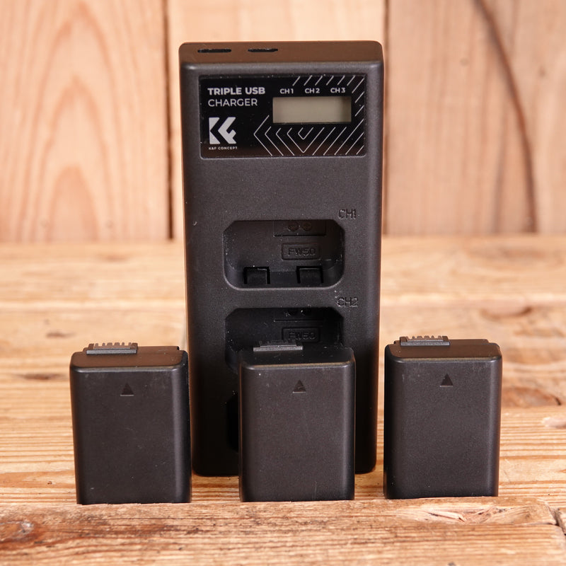 Used K&F CONCEPT 3-Pack NP-FW50 Battery and Triple Slot Charger Set for Sony Camera