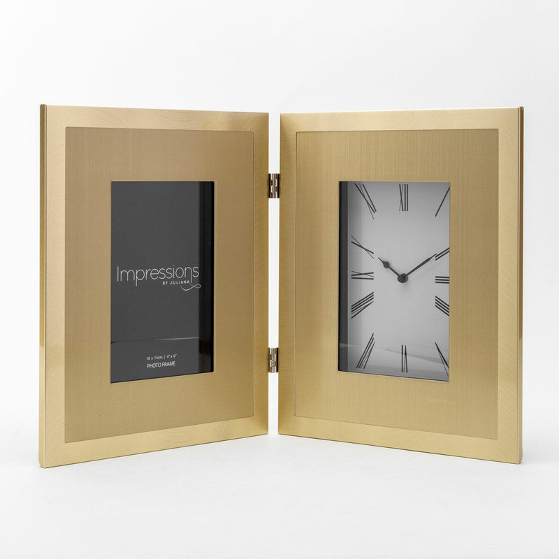 Widdop Impressions Double Aluminium Gold Photo Frame & Clock 4" x 6" FA162G Image 1