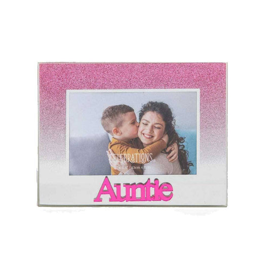 Celebrations Auntie Pink Glitter Glass Frames | Standing Strut | Mirror Finish