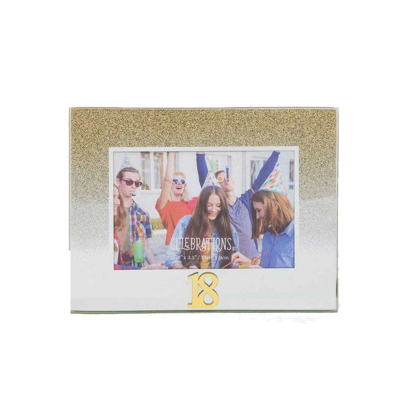 Celebrations 18th Gold Glitter Glass Frames | Standing Strut | Mirror Finish Image 1