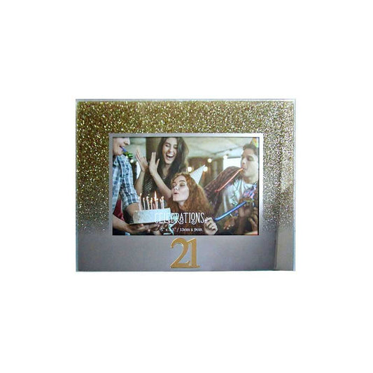 Celebrations 21st Gold Glitter Glass Frames | Standing Strut | Mirror Finish Image 1