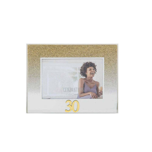 Celebrations 30th Gold Glitter Glass Frames | Standing Strut | Mirror Finish Image 1