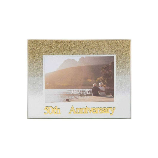 Celebrations 50th Anniversary Gold Glitter Glass Frames | Standing Strut | Mirror Finish Image 1