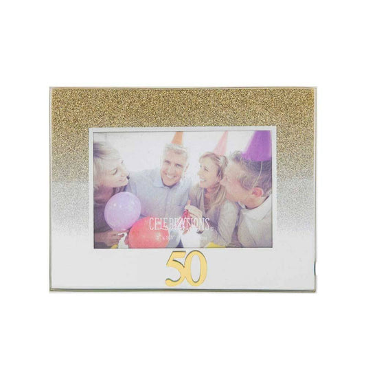 Celebrations 50th Gold Glitter Glass Frames | Standing Strut | Mirror Finish