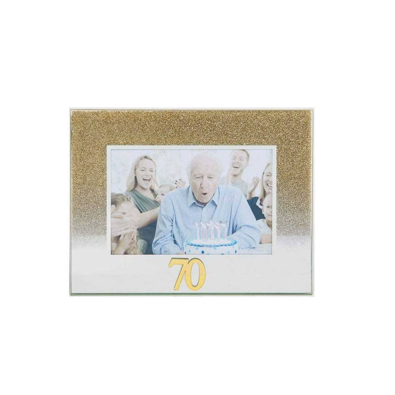 Celebrations 70th Gold Glitter Glass Frames | Standing Strut | Mirror Finish Image 1
