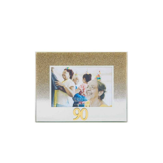 Celebrations 90th Gold Glitter Glass Frames | Standing Strut | Mirror Finish Image 1