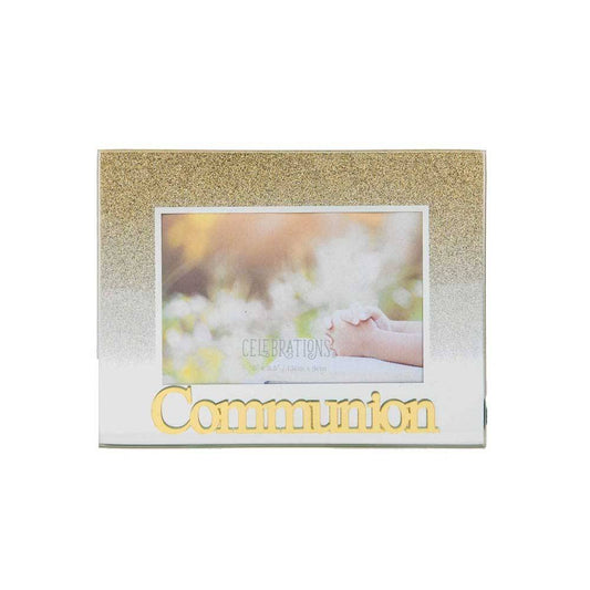 Celebrations Communion Gold Glitter Glass Frames | Standing Strut | Mirror Finish