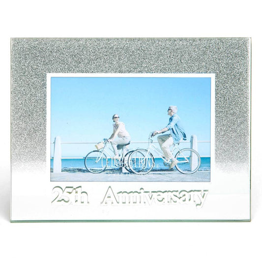 Celebrations 25th Anniversary Silver Glitter Glass Frames | Standing Strut | Mirror Finish Image 1