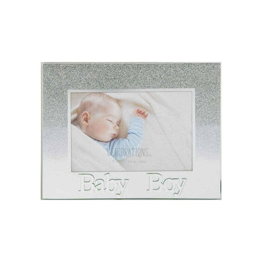 Celebrations Baby Boy Silver Glitter Glass Frames | Standing Strut | Mirror Finish Image 1