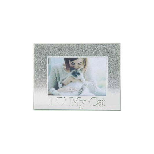 Celebrations I Heart My Cat Silver Glitter Glass Frames | Standing Strut | Mirror Finish Image 1