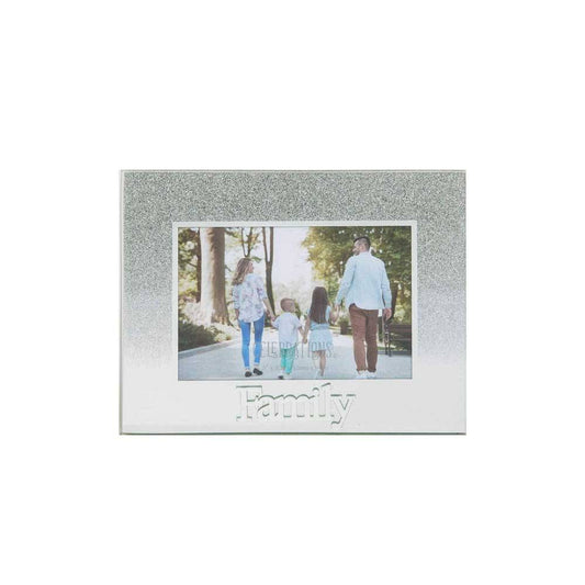 Celebrations Family Silver Glitter Glass Frames | Standing Strut | Mirror Finish