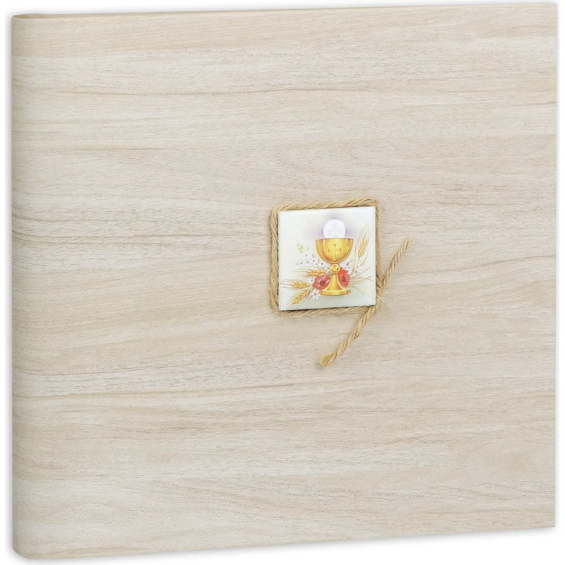 A beige, wood effect photo album with a decorative bow and Holy Communion symbol on the cover.