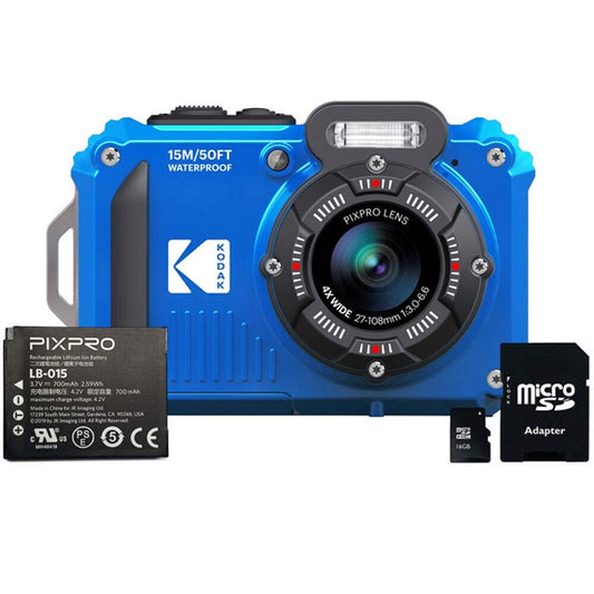 Kodak WPZ2 Rugged Waterproof Camera with additional LB-015 Battery & 16GB Micro SD Card | Blue Image 1