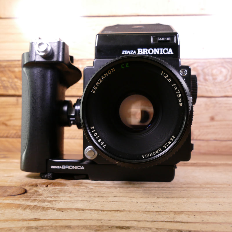 Used Bronica ETRS with 75mm f2.8 E II Lens, 120 Film back, Speed Grip and AE-II Prism Finder