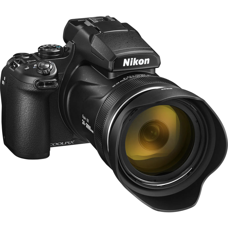 Nikon Coolpix P1100 front angled with hood