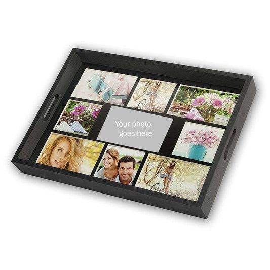 Personalised Black Wooden Photo Tray for 9 Custom Photographs Overall Size 18x14" Image 1