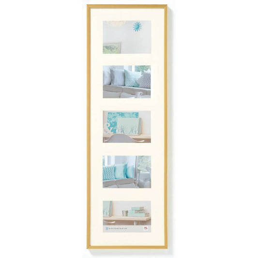 Gold-framed collage of images with a living room scene.