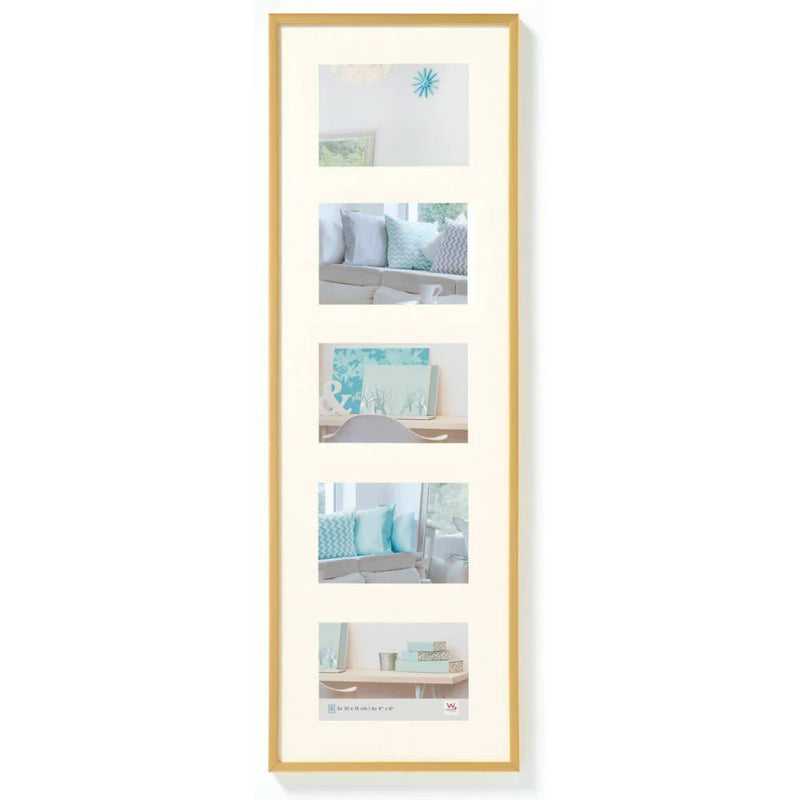 Gold-framed collage of images with a living room scene.