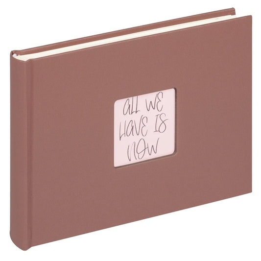 small photo album brown with white window and text on white background